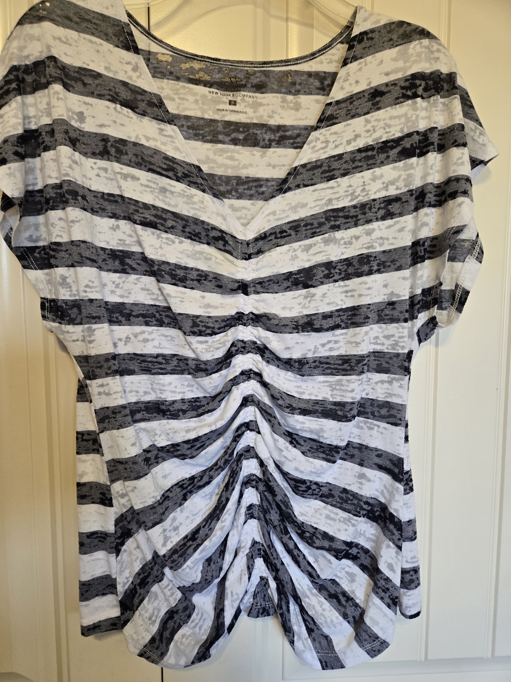 New York & Company Blue and White Striped Ruched V-Neck Top